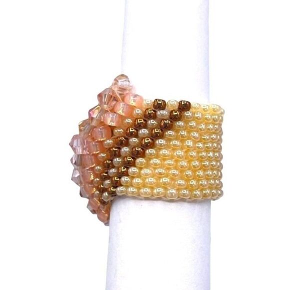 Cream with Bronze and Champagne Crystal Cellini Spiral Statement Ring Size 7 - Picture 3 of 6